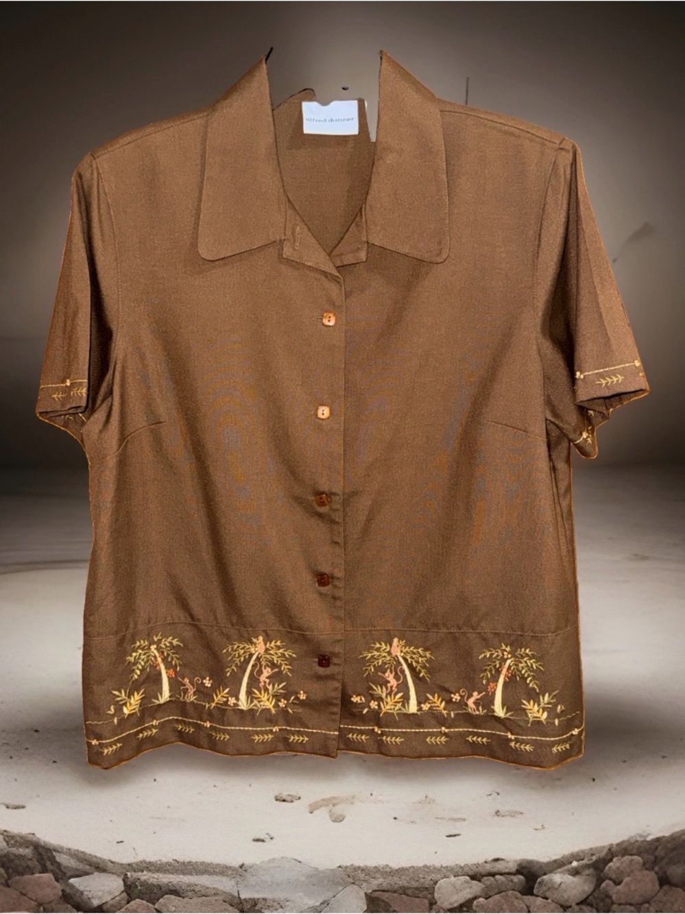 Alfred Dunner Brown Short-Sleeve Button-Down Blouse w/Tropical Embroidery-14-EC